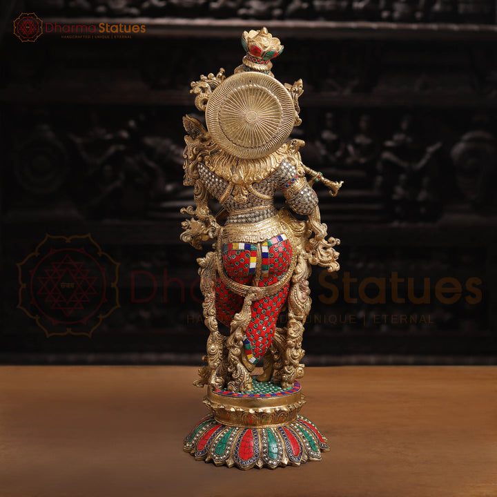 Brass Lord Krishna Statue, Golden Finish and Stone Work, 26"