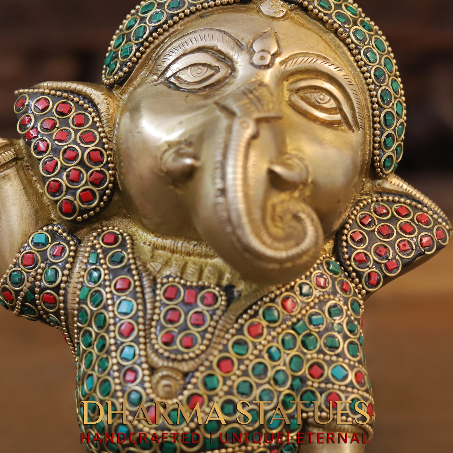 Brass Baby Ganesh standing, Golden & Stonework, 9"