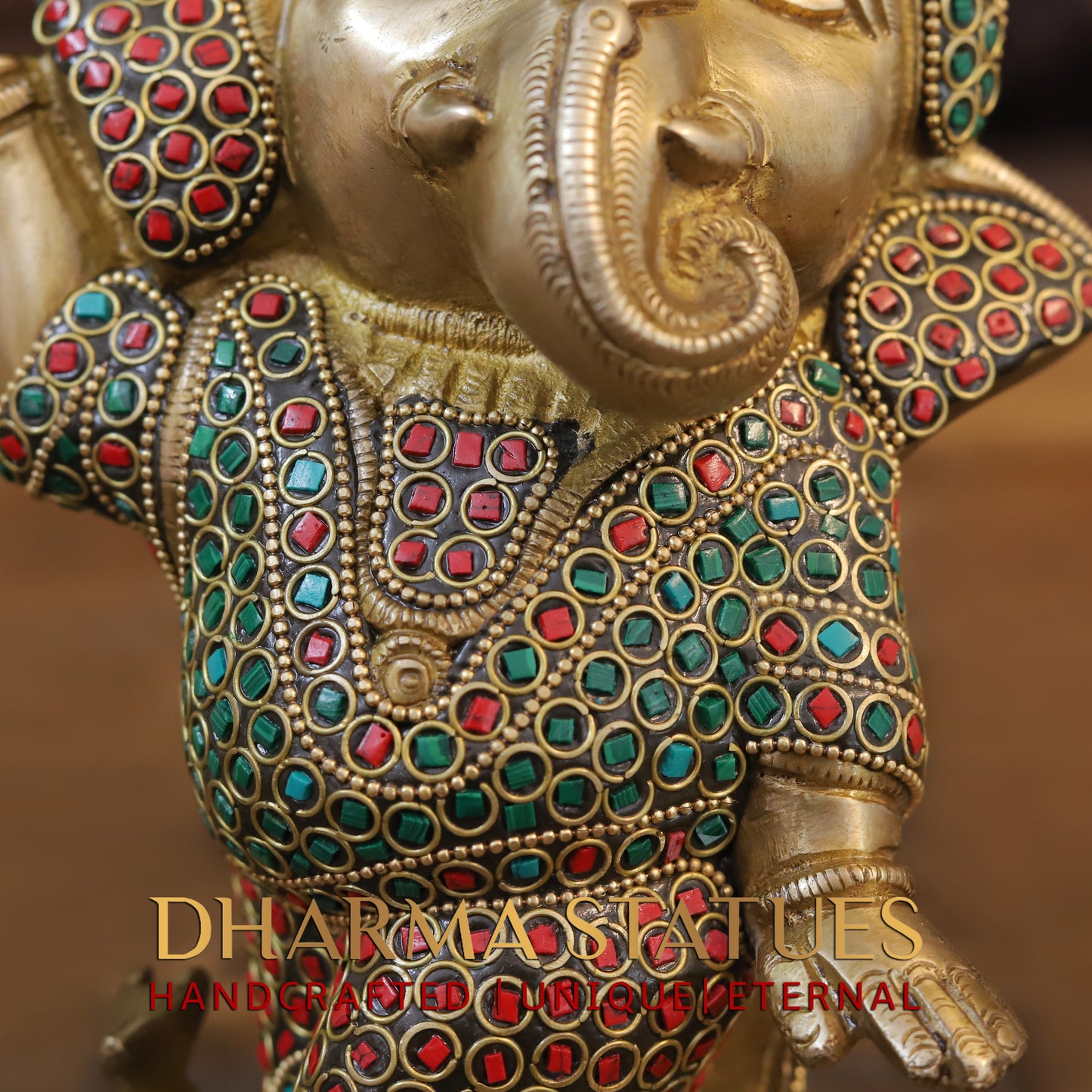 Brass Baby Ganesh standing, Golden & Stonework, 9"