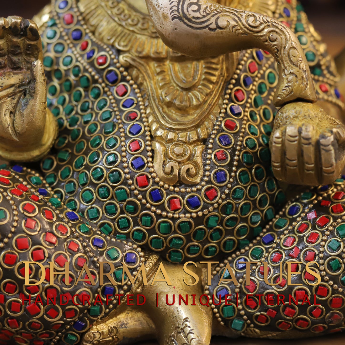 Brass Ganesh seated, Blessing Position, Golden & Stonework, 8.5"
