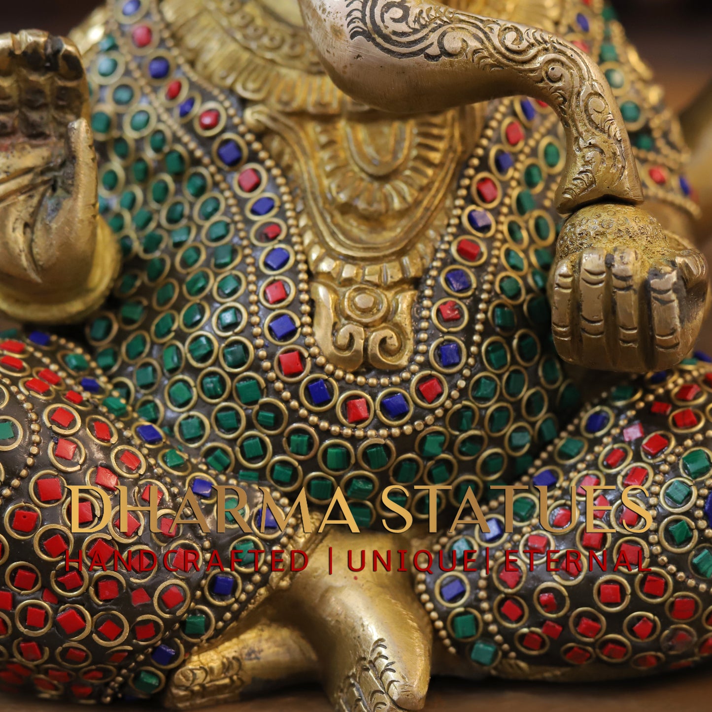 Brass Ganesh seated, Blessing Position, Golden & Stonework, 8.5"