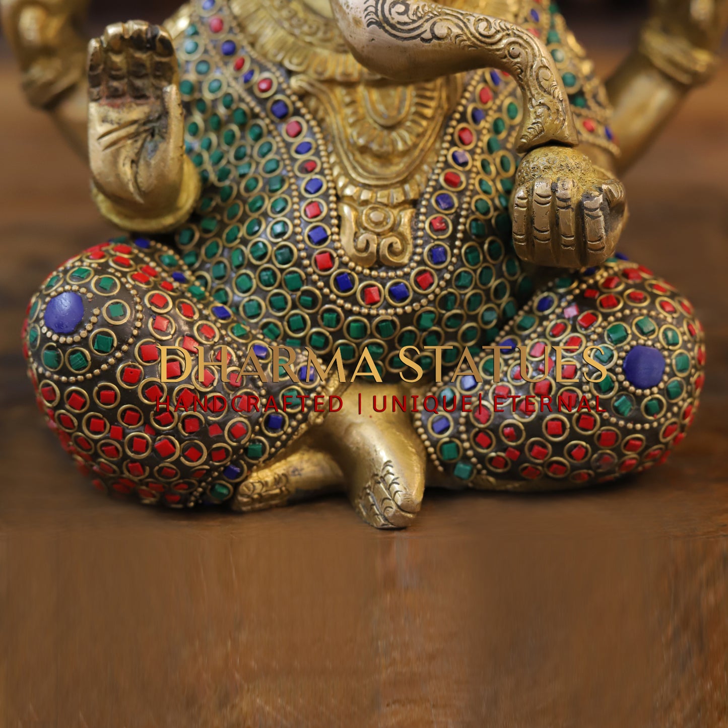 Brass Ganesh seated, Blessing Position, Golden & Stonework, 8.5"
