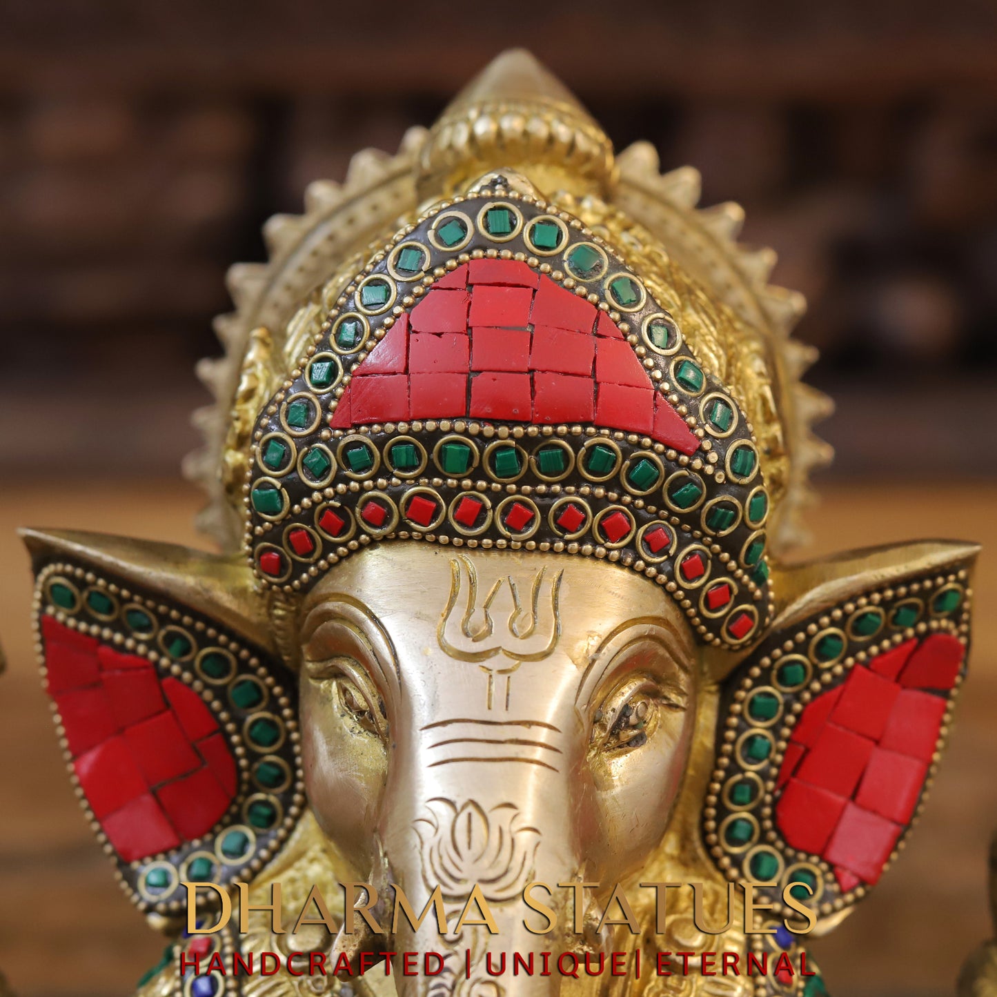 Brass Ganesh seated, Blessing Position, Golden & Stonework, 8.5"