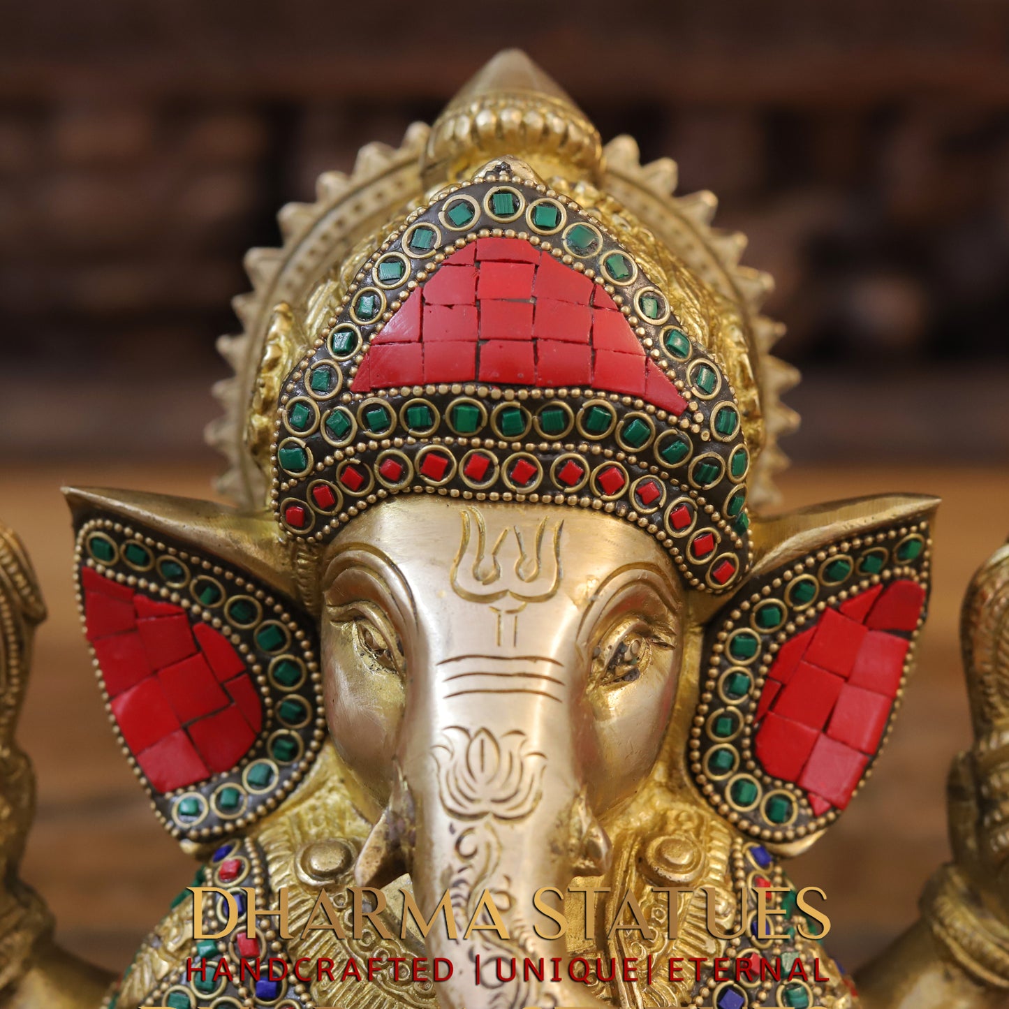 Brass Ganesh seated, Blessing Position, Golden & Stonework, 8.5"