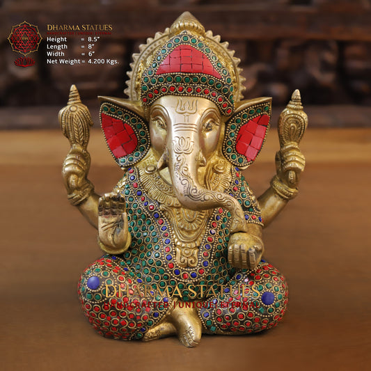 Brass Ganesh seated, Blessing Position, Golden & Stonework, 8.5"