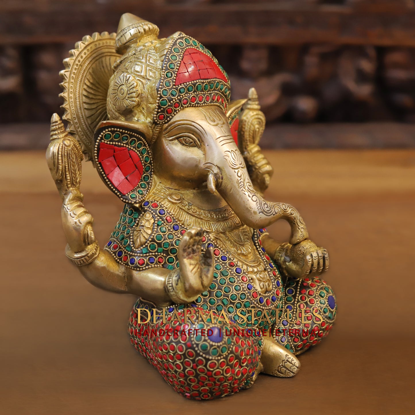 Brass Ganesh seated, Blessing Position, Golden & Stonework, 8.5"