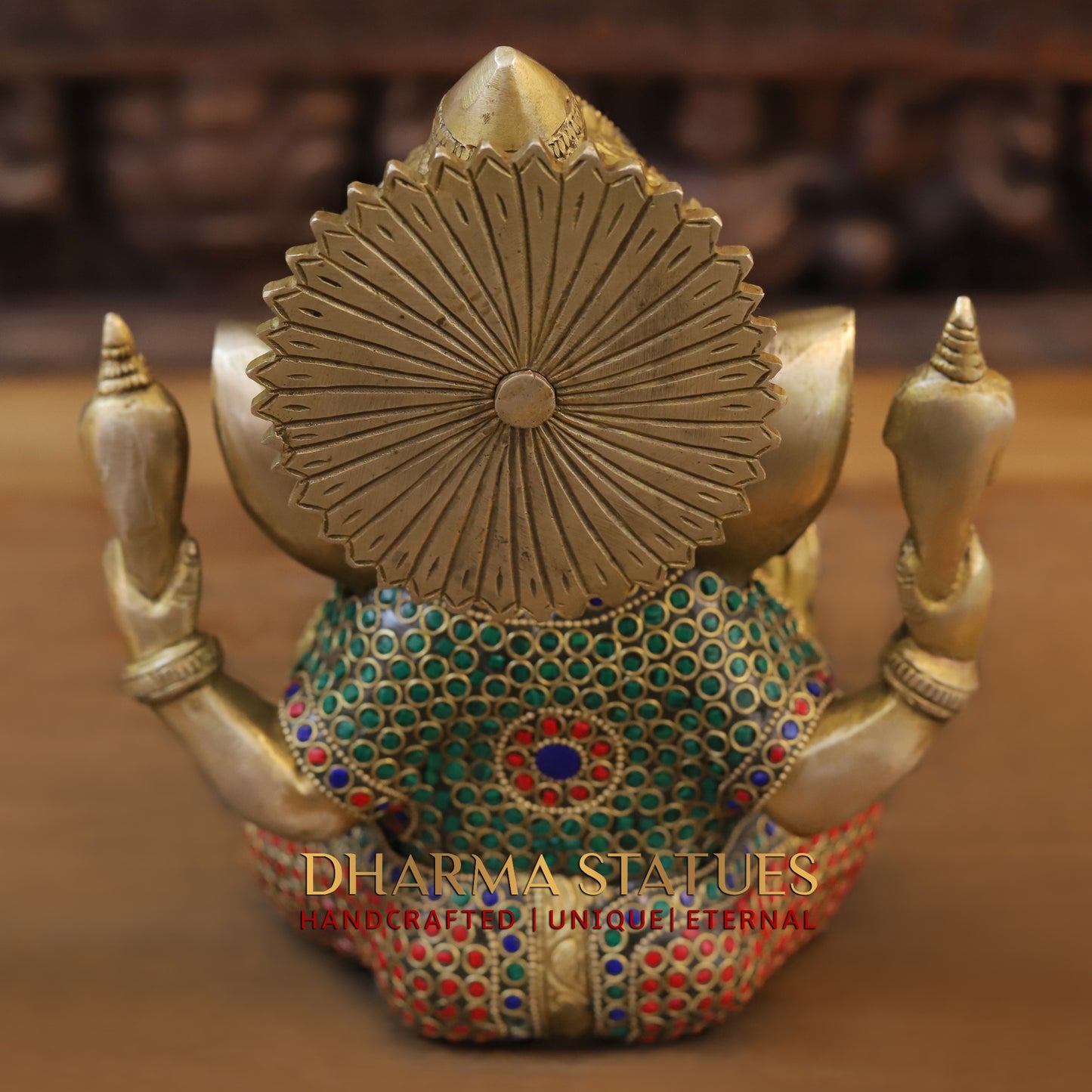 Brass Ganesh seated, Blessing Position, Golden & Stonework, 8.5"