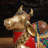 Brass Nandi Statue, Jewel-Adorned Protector , Stone work 13.5"