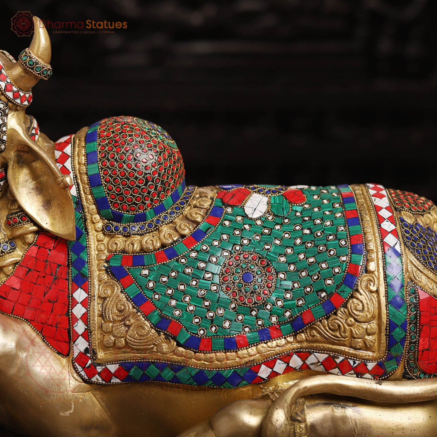 Brass Nandi Statue, Jewel-Adorned Protector , Stone work 13.5"