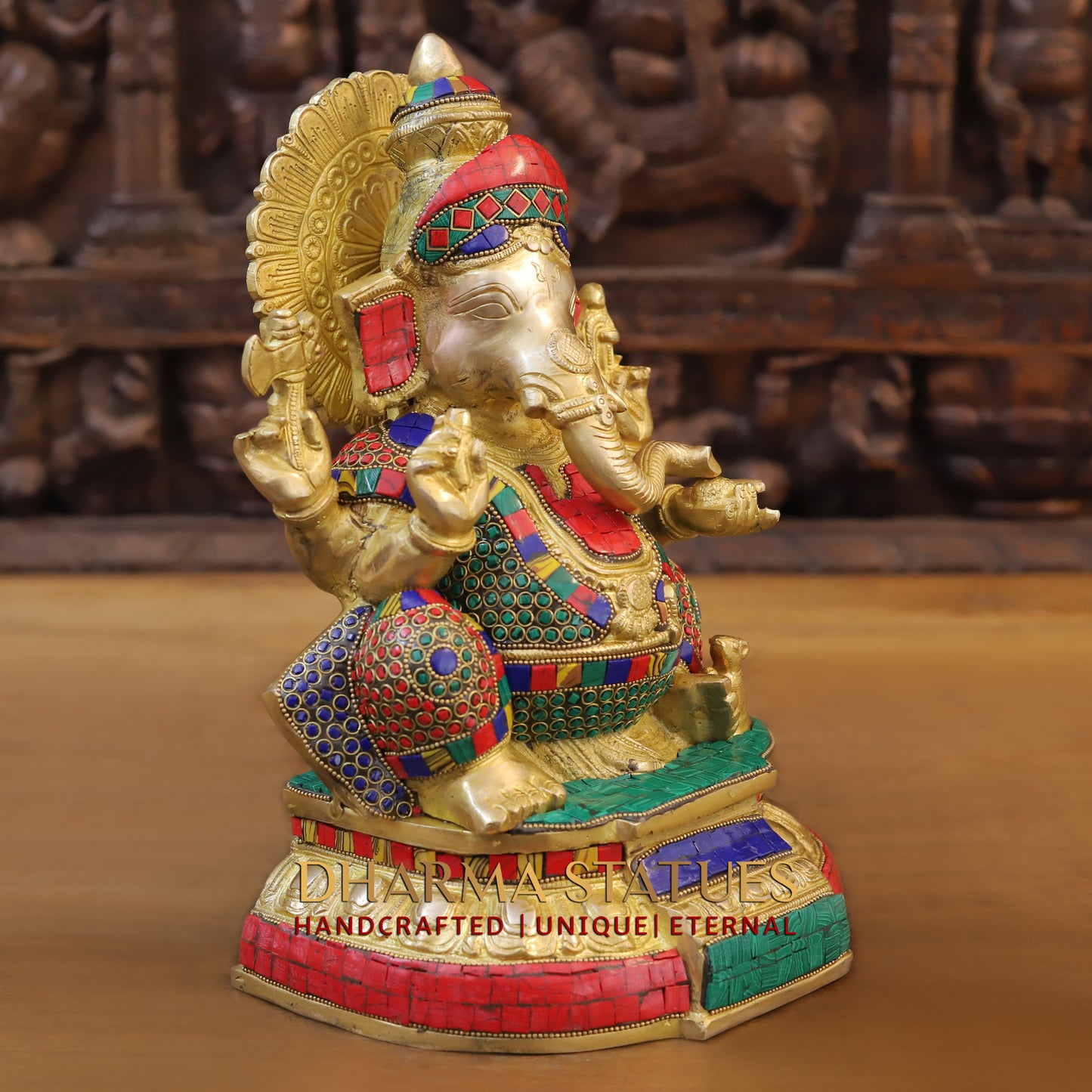 Brass Ganesh seated, Golden & Stonework, 13"