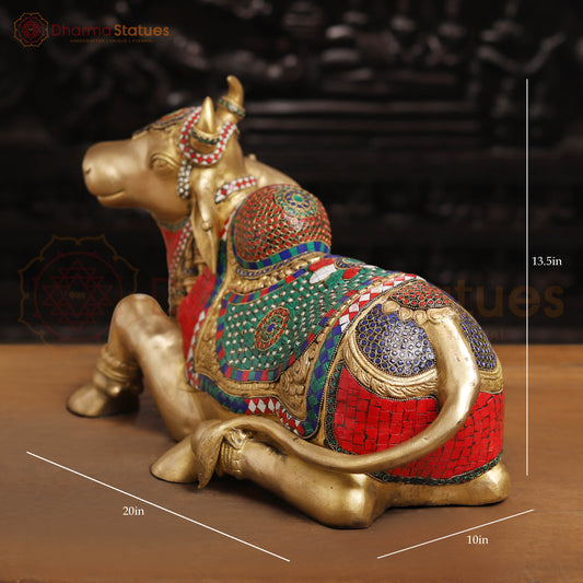 Brass Nandi Statue, Jewel-Adorned Protector , Stone work 13.5"