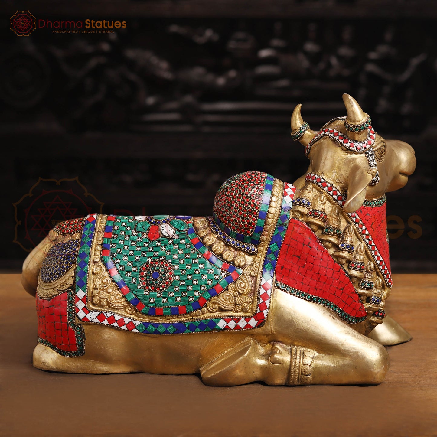Brass Nandi Statue, Jewel-Adorned Protector , Stone work 13.5"