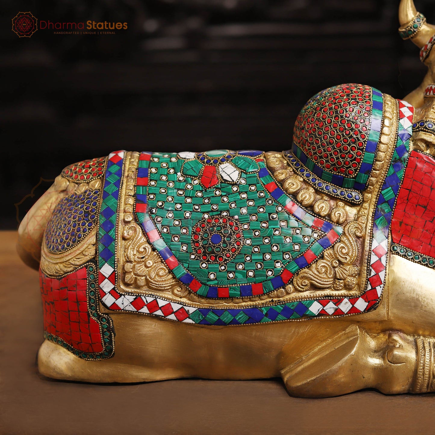 Brass Nandi Statue, Jewel-Adorned Protector , Stone work 13.5"