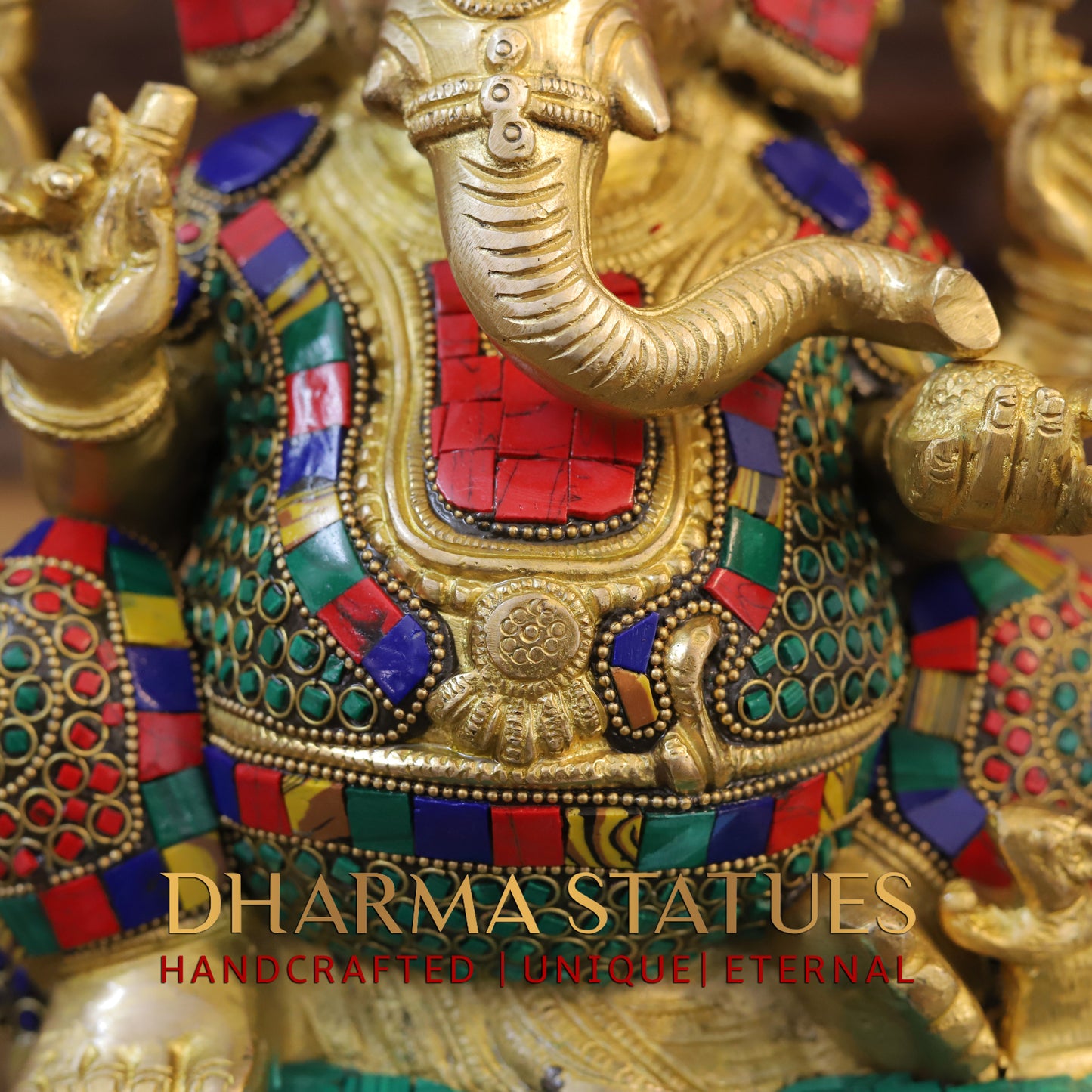Brass Ganesh seated, Golden & Stonework, 13"