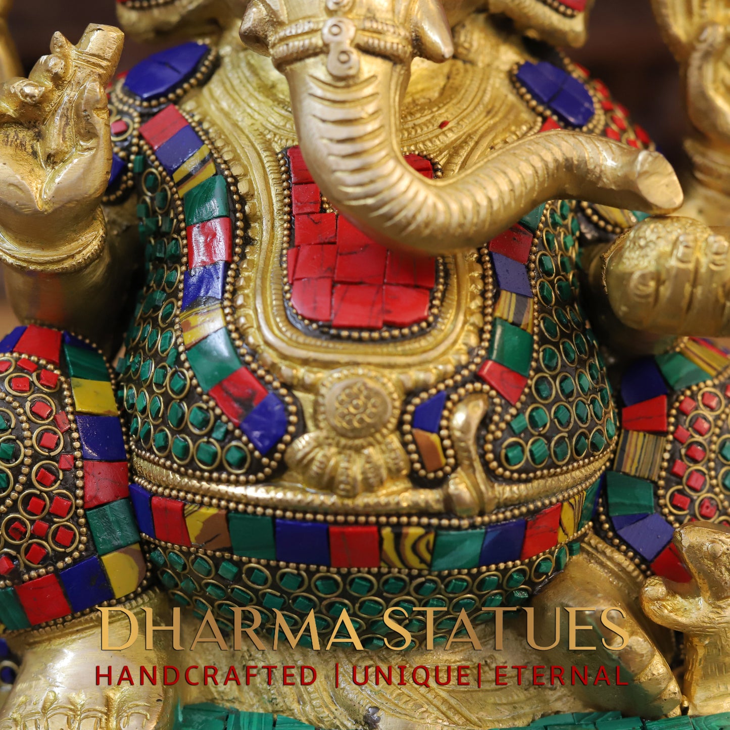 Brass Ganesh seated, Golden & Stonework, 13"