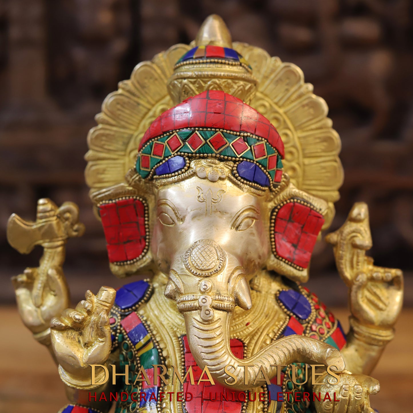 Brass Ganesh seated, Golden & Stonework, 13"