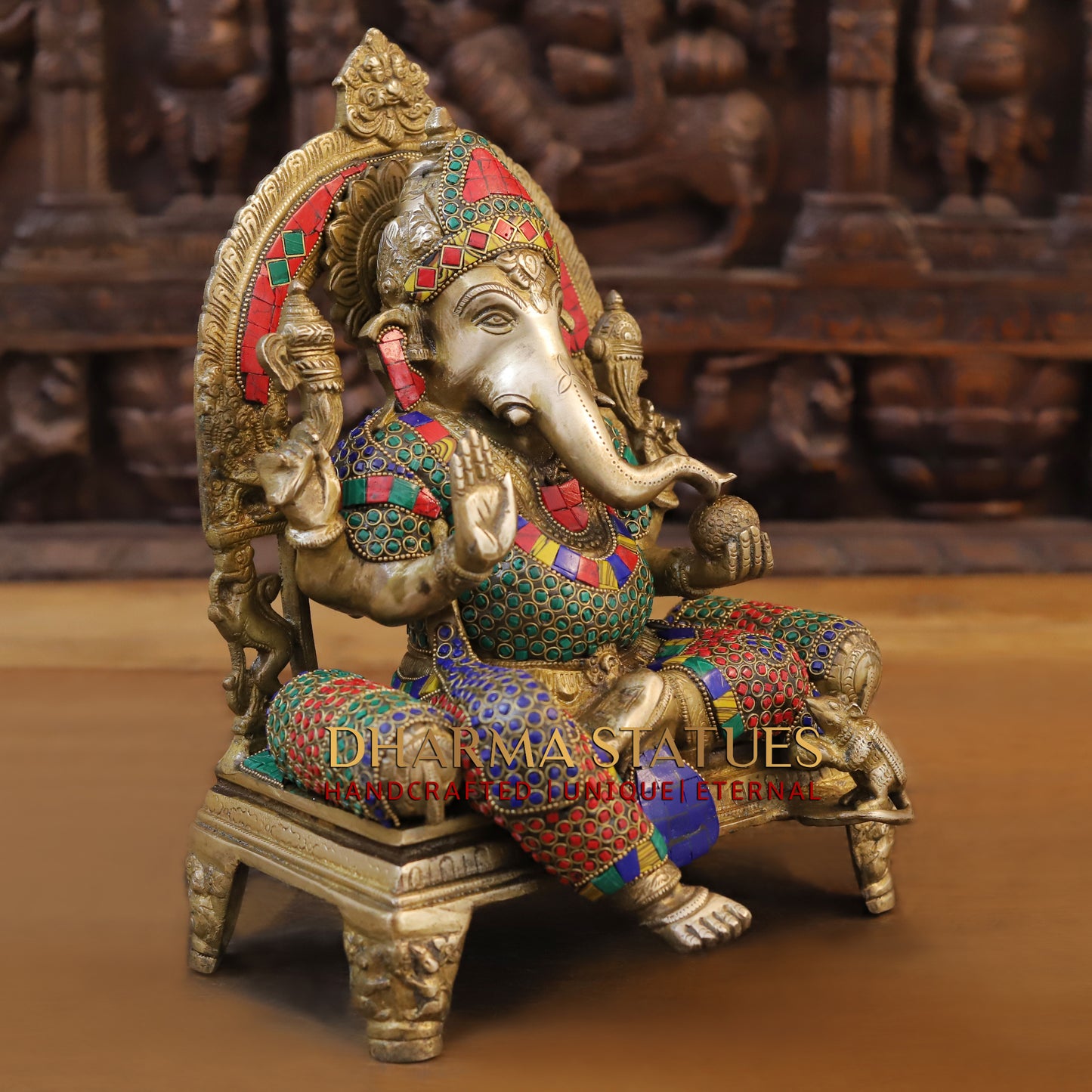 Brass Ganesh seated on Chowki, Blessing Position, Golden & Stonework, 13"