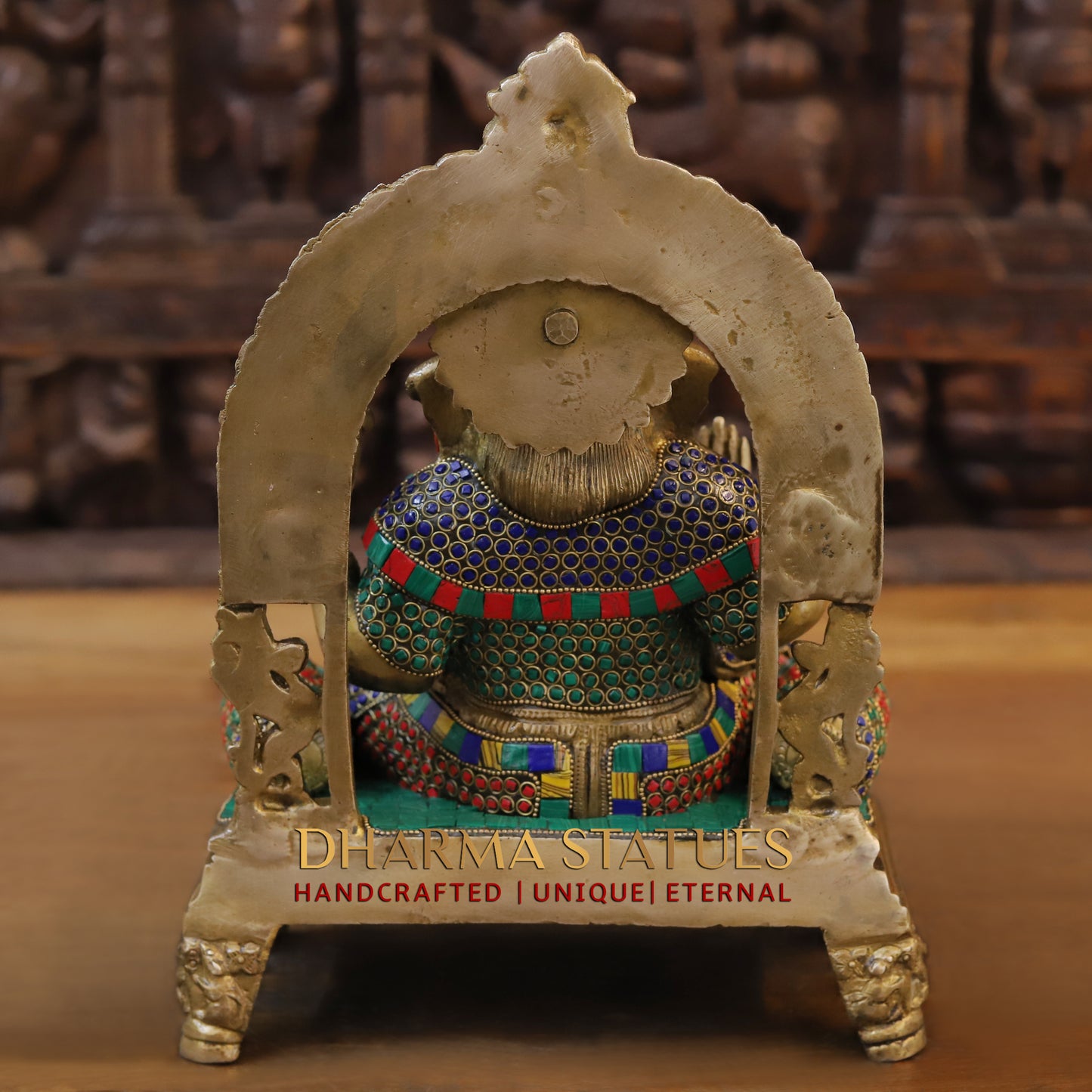 Brass Ganesh seated on Chowki, Blessing Position, Golden & Stonework, 13"