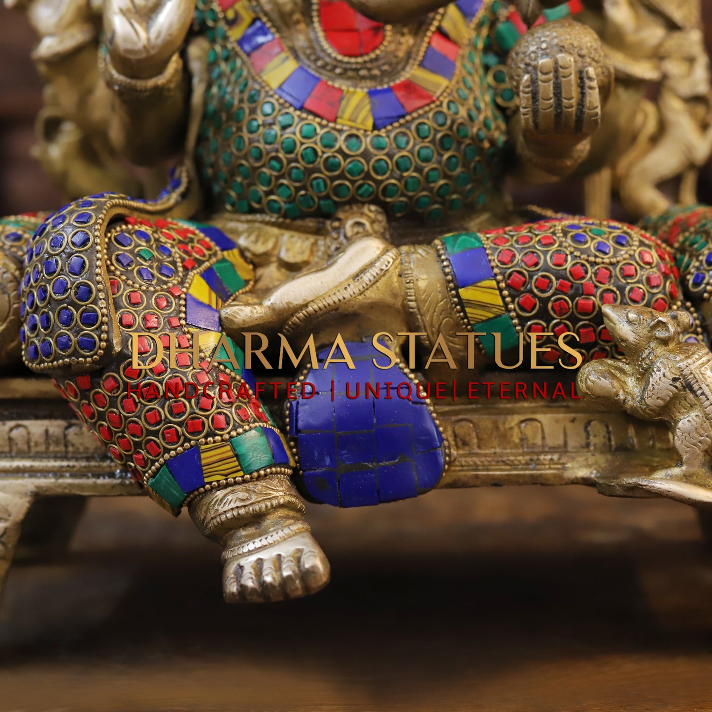 Brass Ganesh seated on Chowki, Blessing Position, Golden & Stonework, 13"