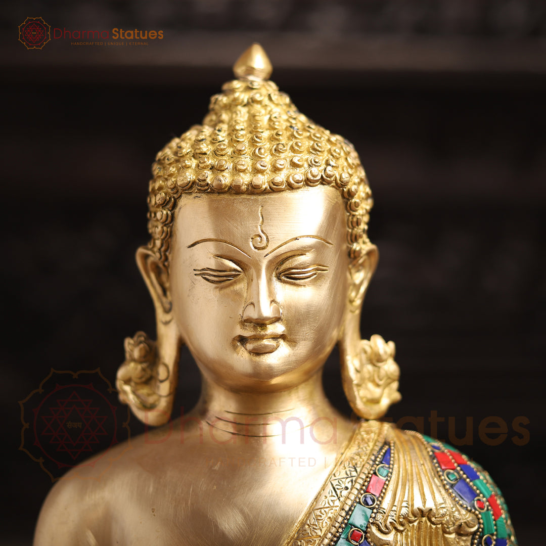 Brass Kundal Buddha Statue, Fine Golden and Stone Finish 20"