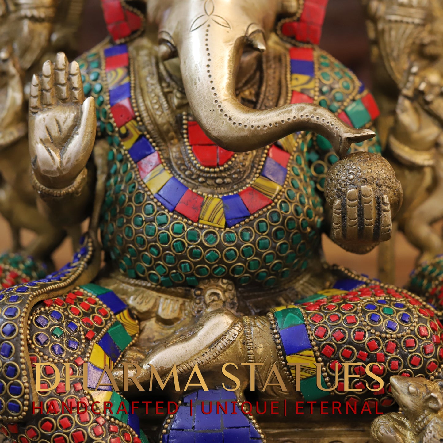 Brass Ganesh seated on Chowki, Blessing Position, Golden & Stonework, 13"