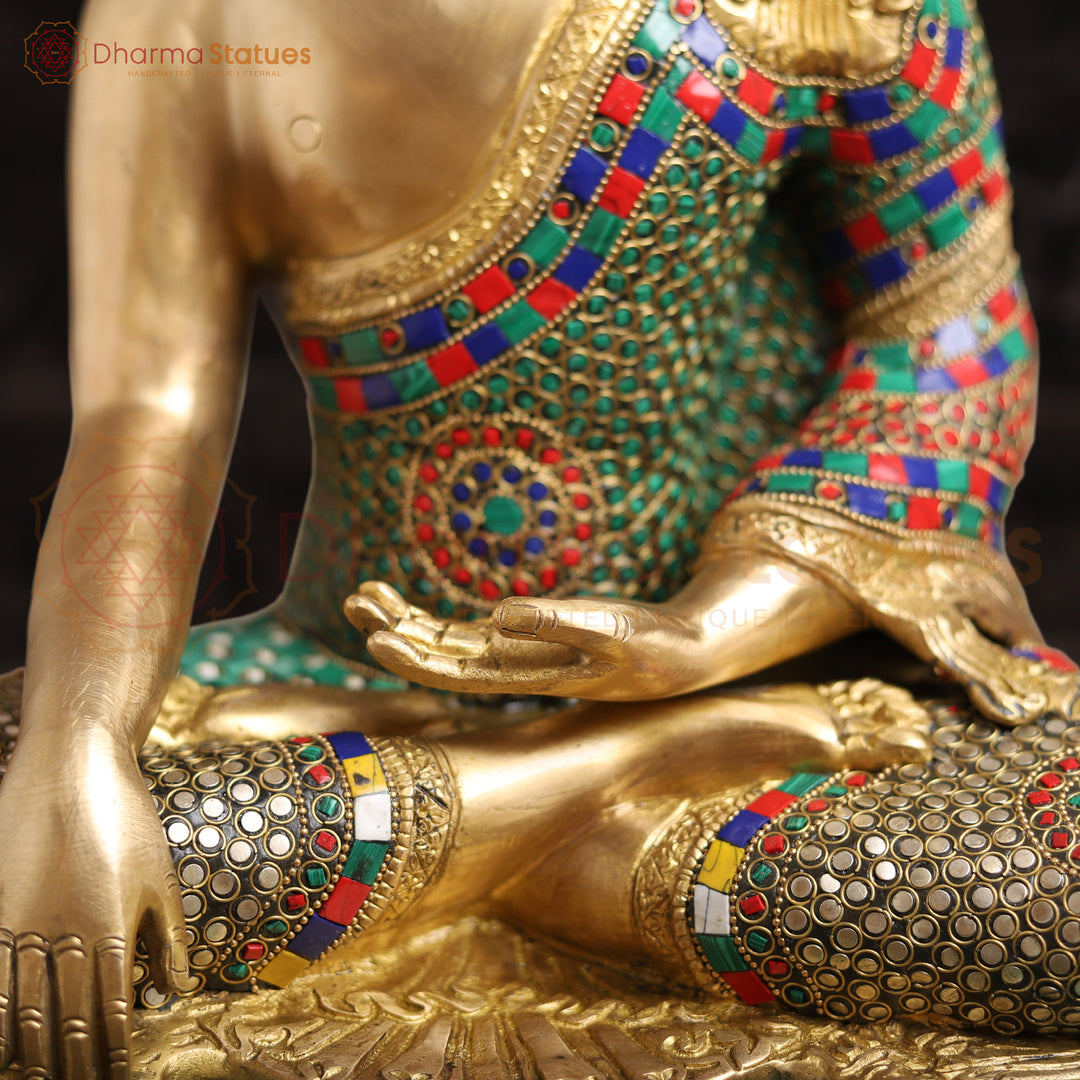 Brass Kundal Buddha Statue, Fine Golden and Stone Finish 20"