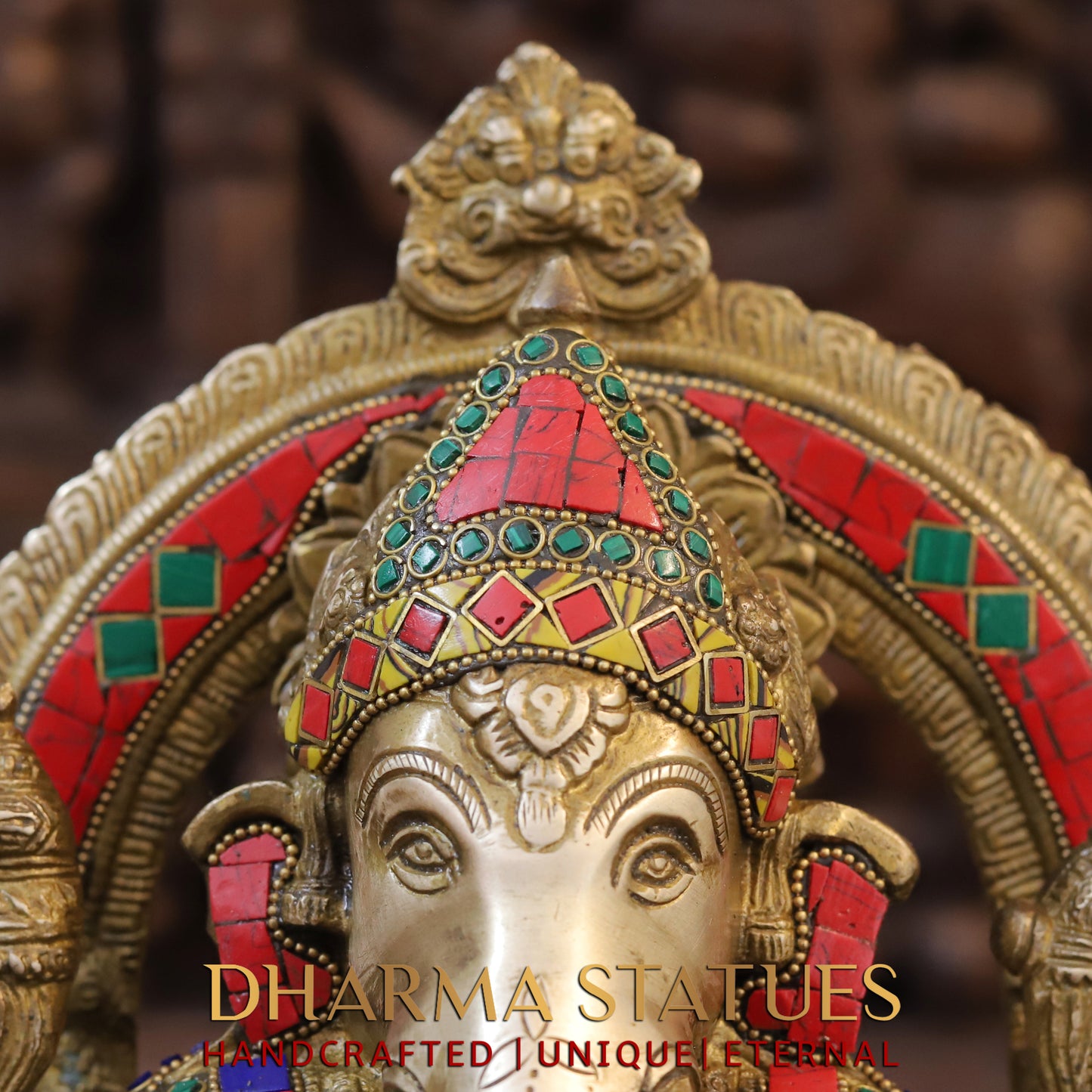 Brass Ganesh seated on Chowki, Blessing Position, Golden & Stonework, 13"