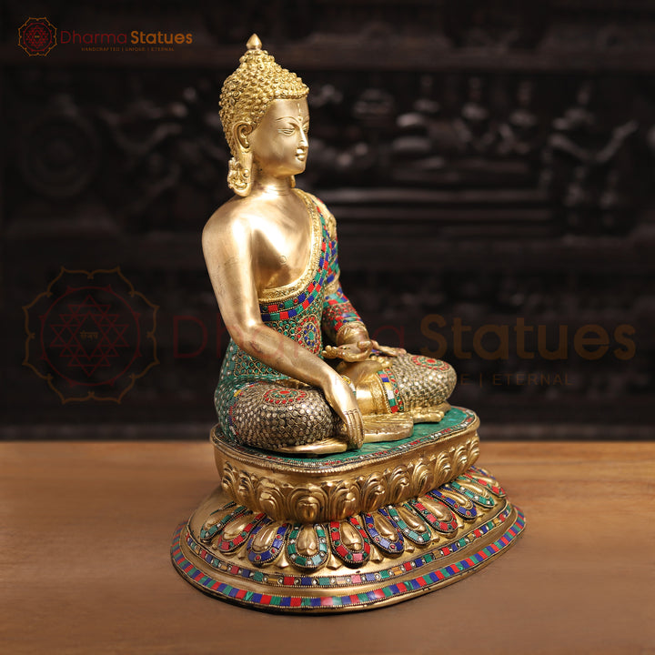 Brass Kundal Buddha Statue, Fine Golden and Stone Finish 20"