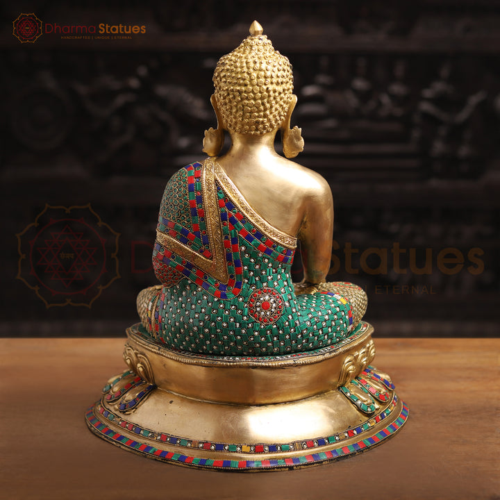 Brass Kundal Buddha Statue, Fine Golden and Stone Finish 20"