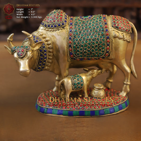 Brass Cow & Calf, Golden & Stonework, 7"