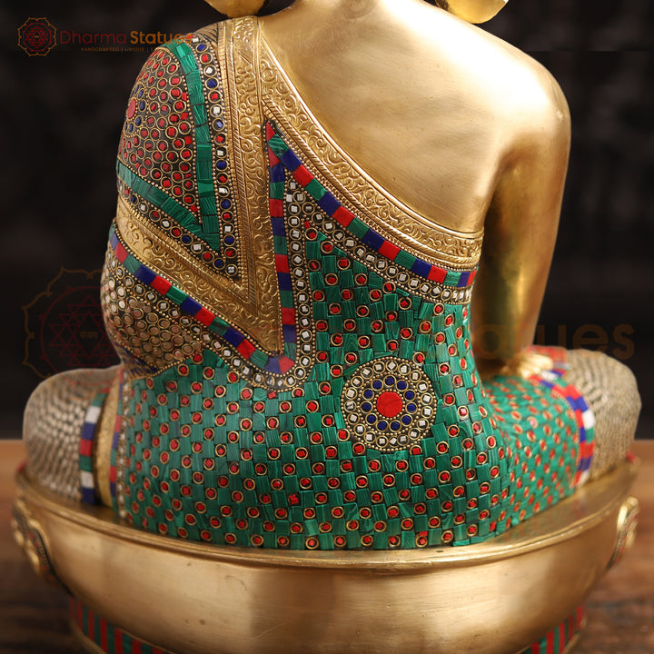 Brass Kundal Buddha Statue, Fine Golden and Stone Finish 20"