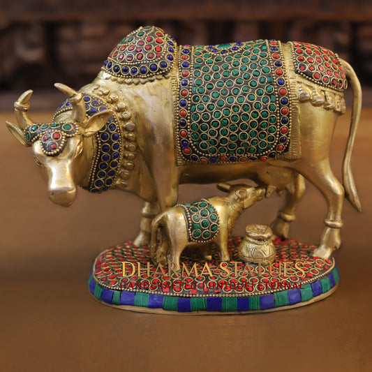 Brass Cow & Calf, Golden & Stonework, 7"