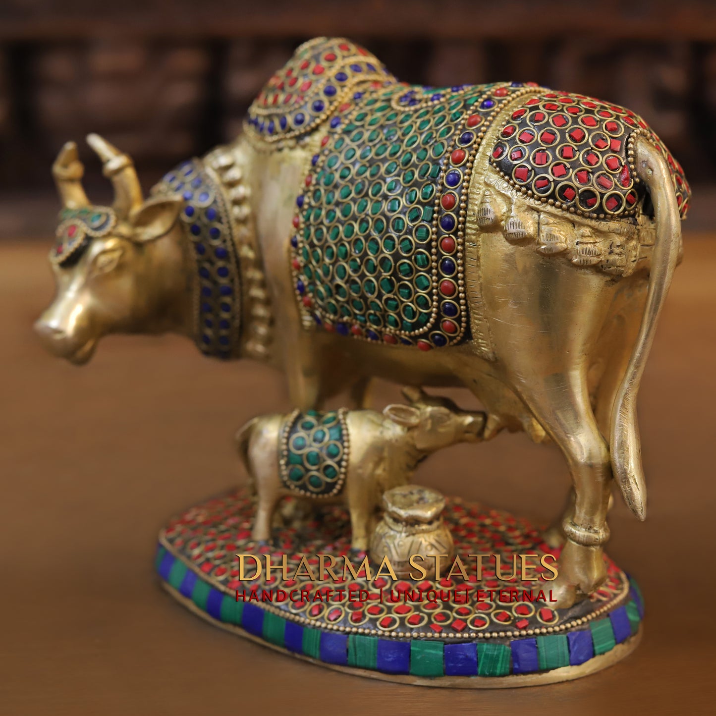 Brass Cow & Calf, Golden & Stonework, 7"
