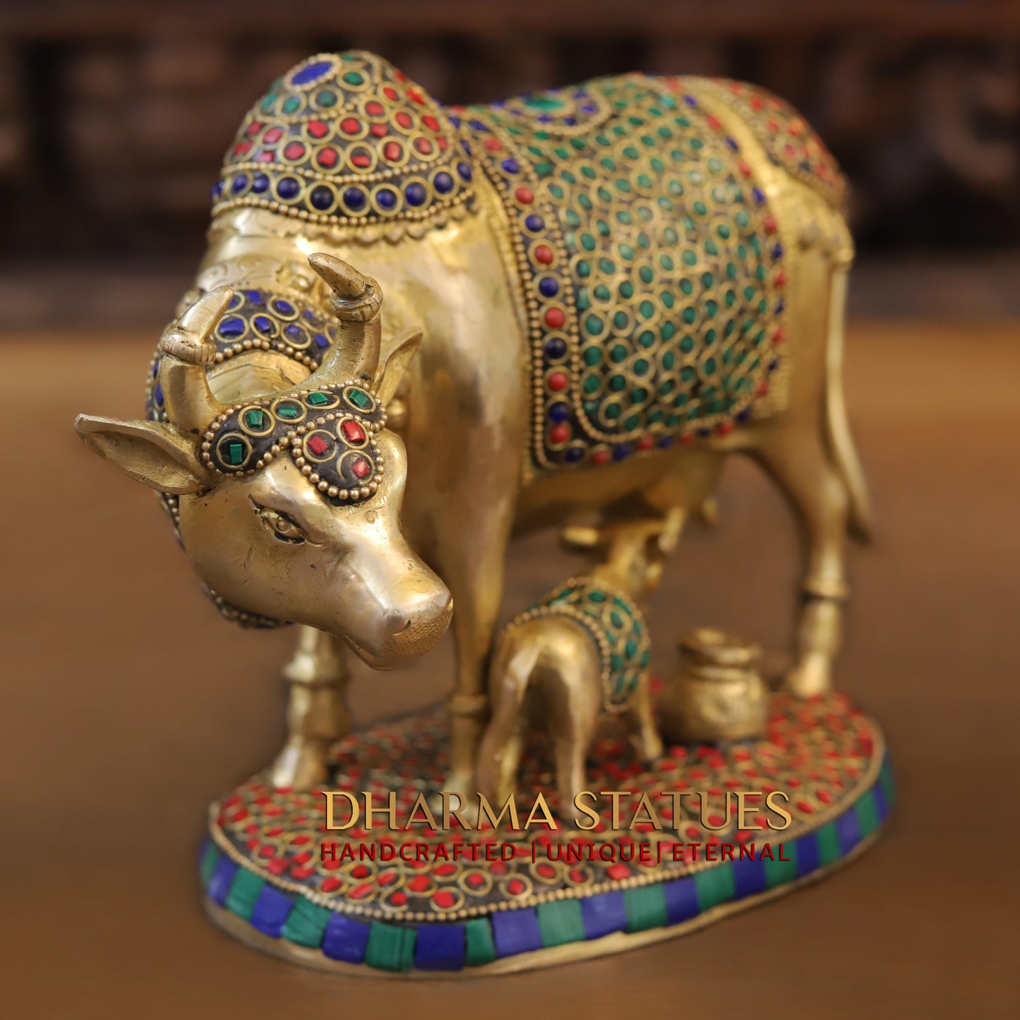 Brass Cow & Calf, Golden & Stonework, 7"