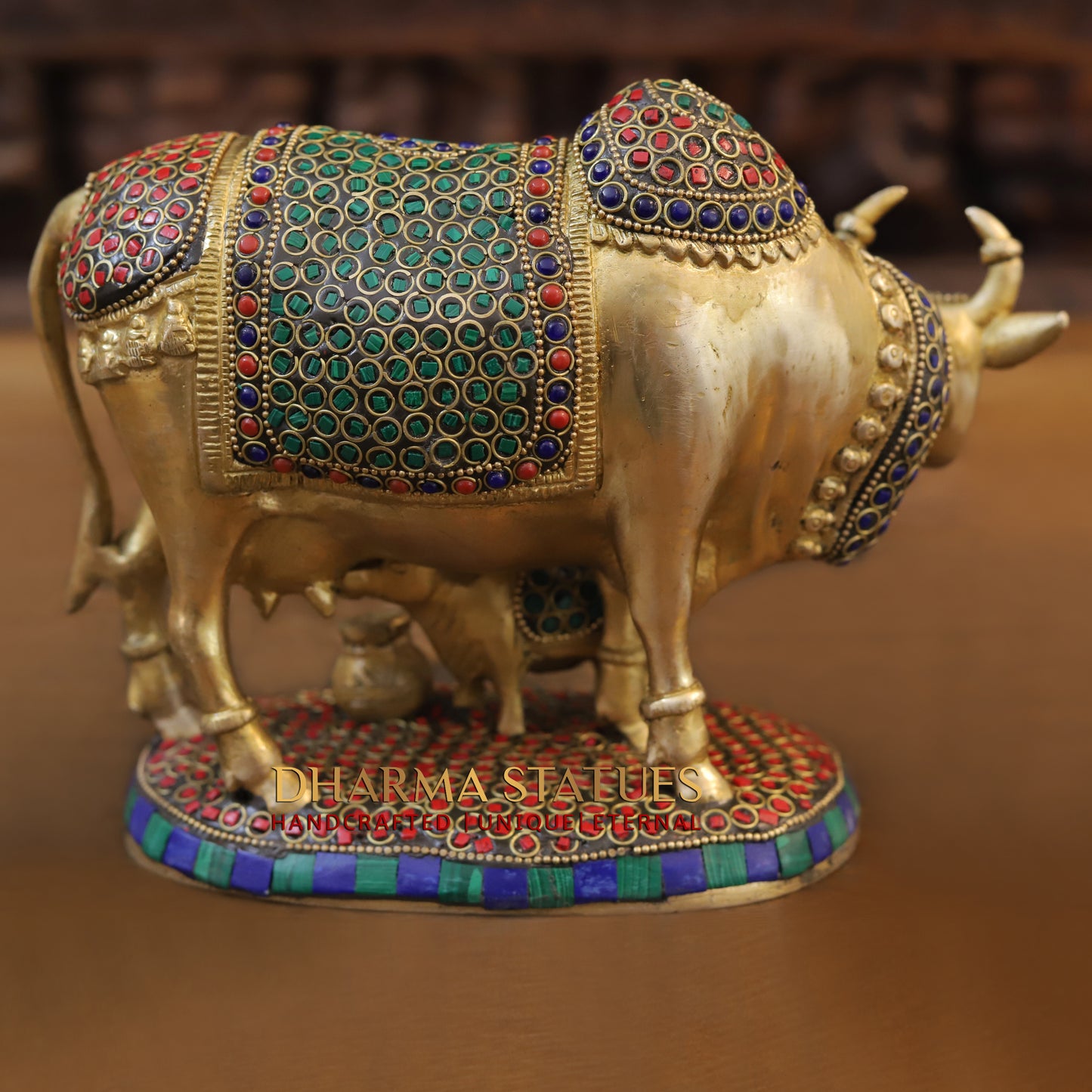 Brass Cow & Calf, Golden & Stonework, 7"