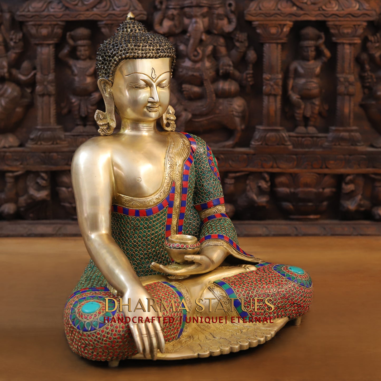 Brass Buddha Seated, Golden & Stonework, 17.5"