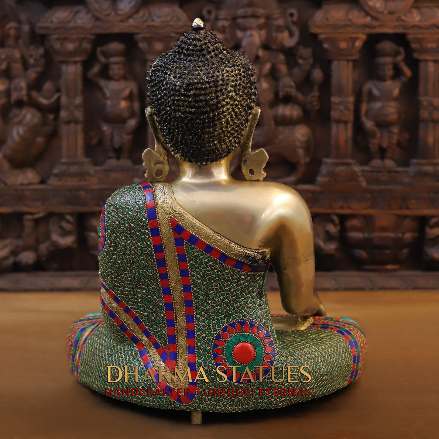 Brass Buddha Seated, Golden & Stonework, 17.5"
