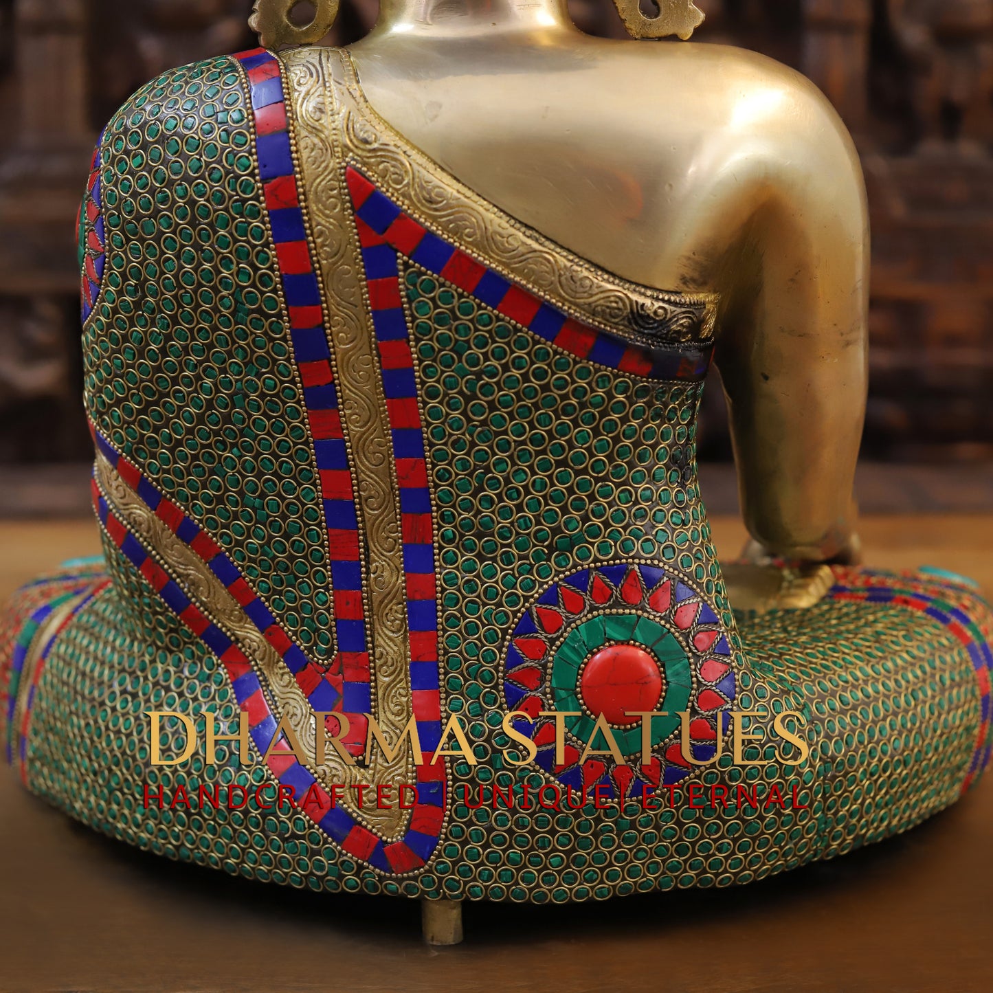 Brass Buddha Seated, Golden & Stonework, 17.5"