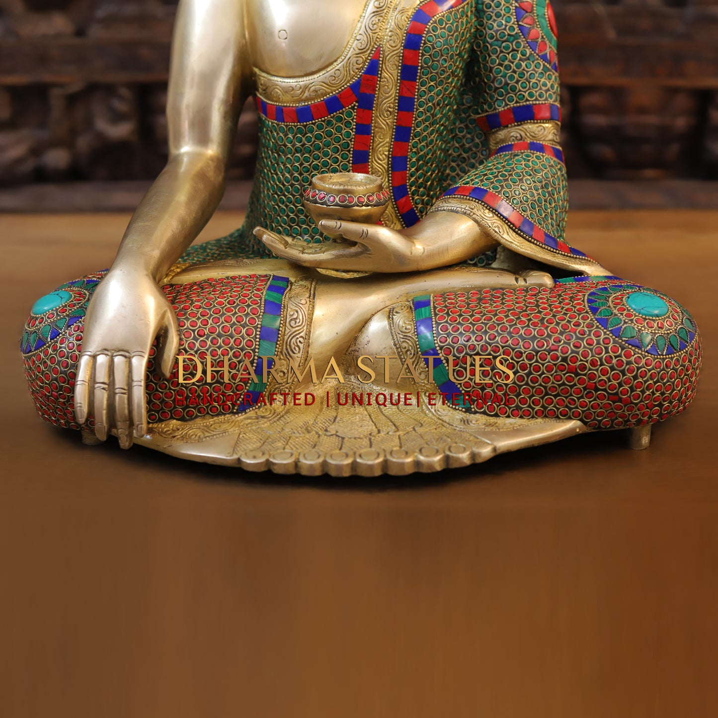 Brass Buddha Seated, Golden & Stonework, 17.5"