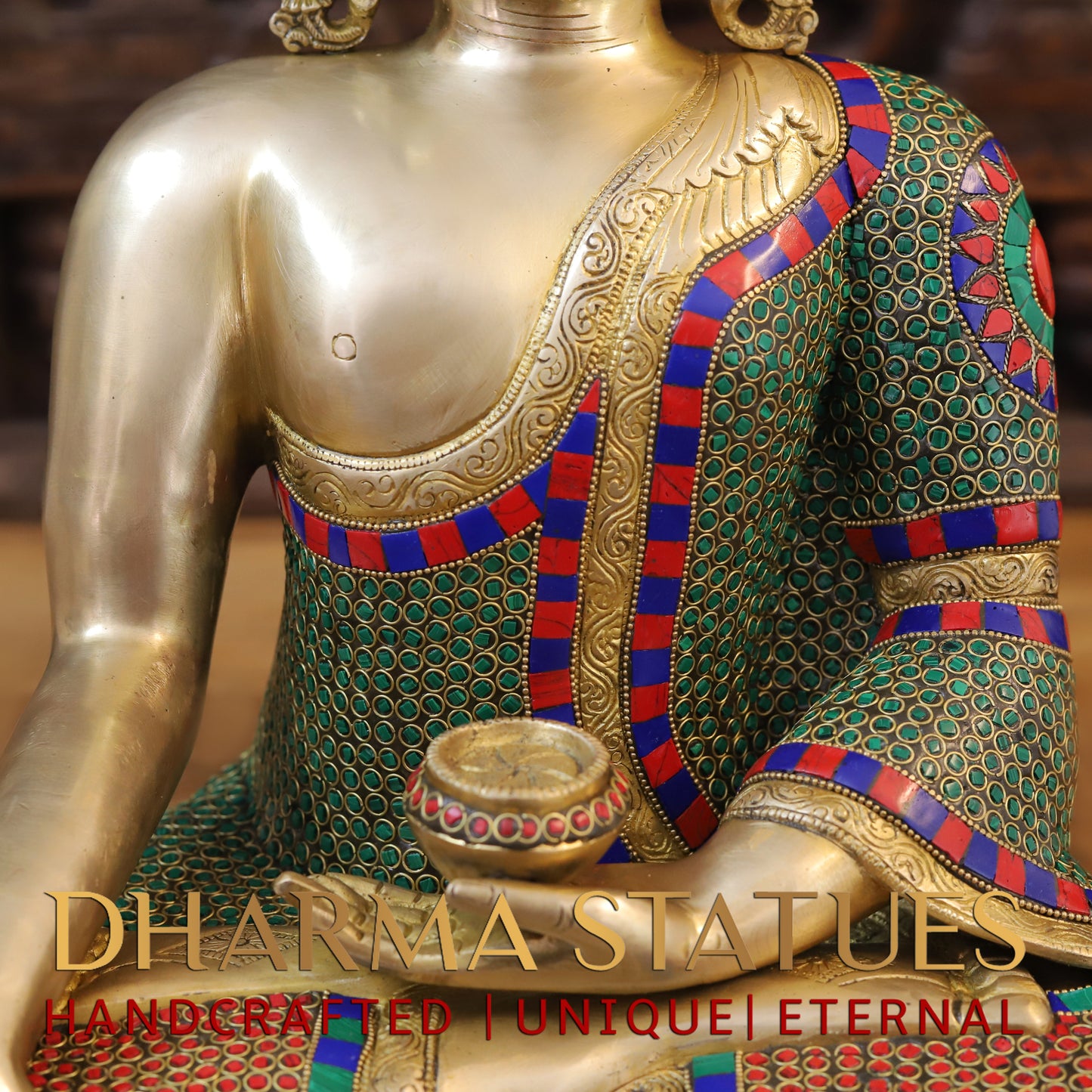 Brass Buddha Seated, Golden & Stonework, 17.5"