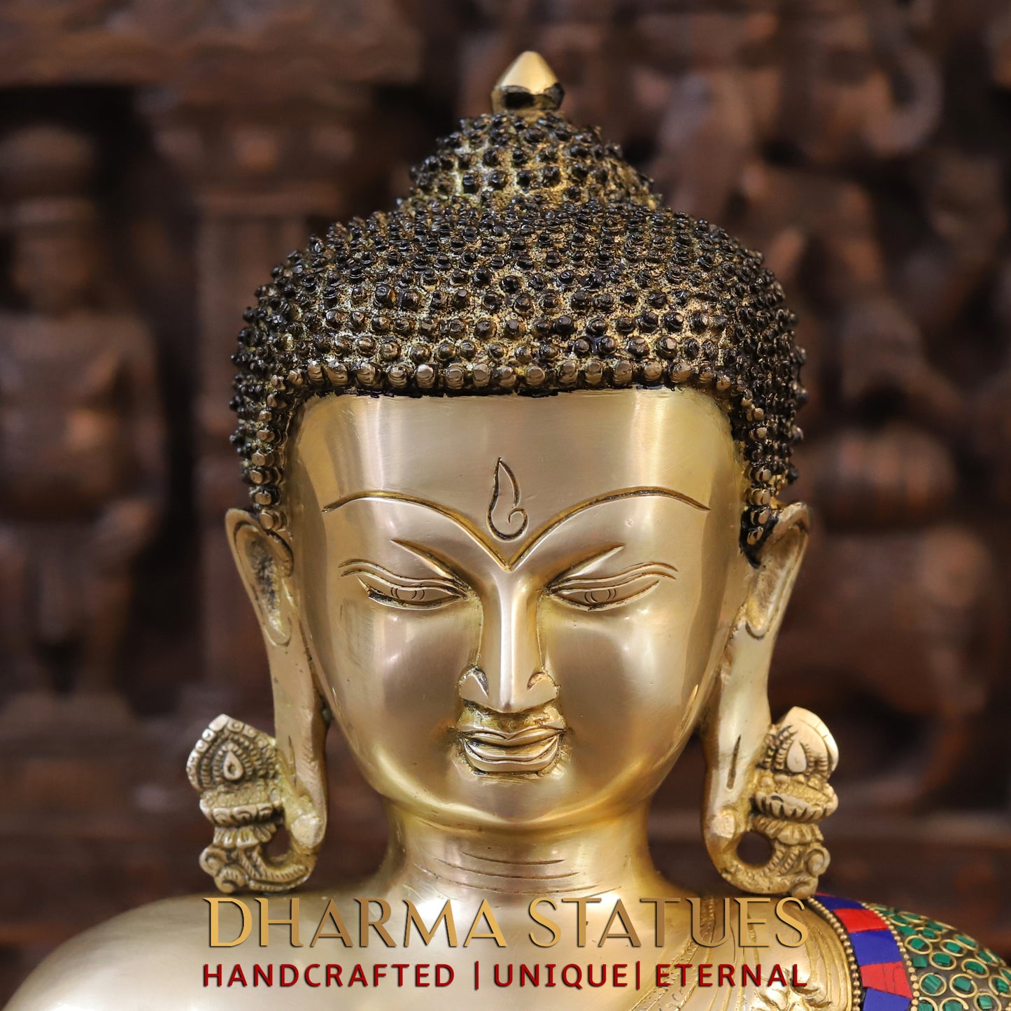 Brass Buddha Seated, Golden & Stonework, 17.5"