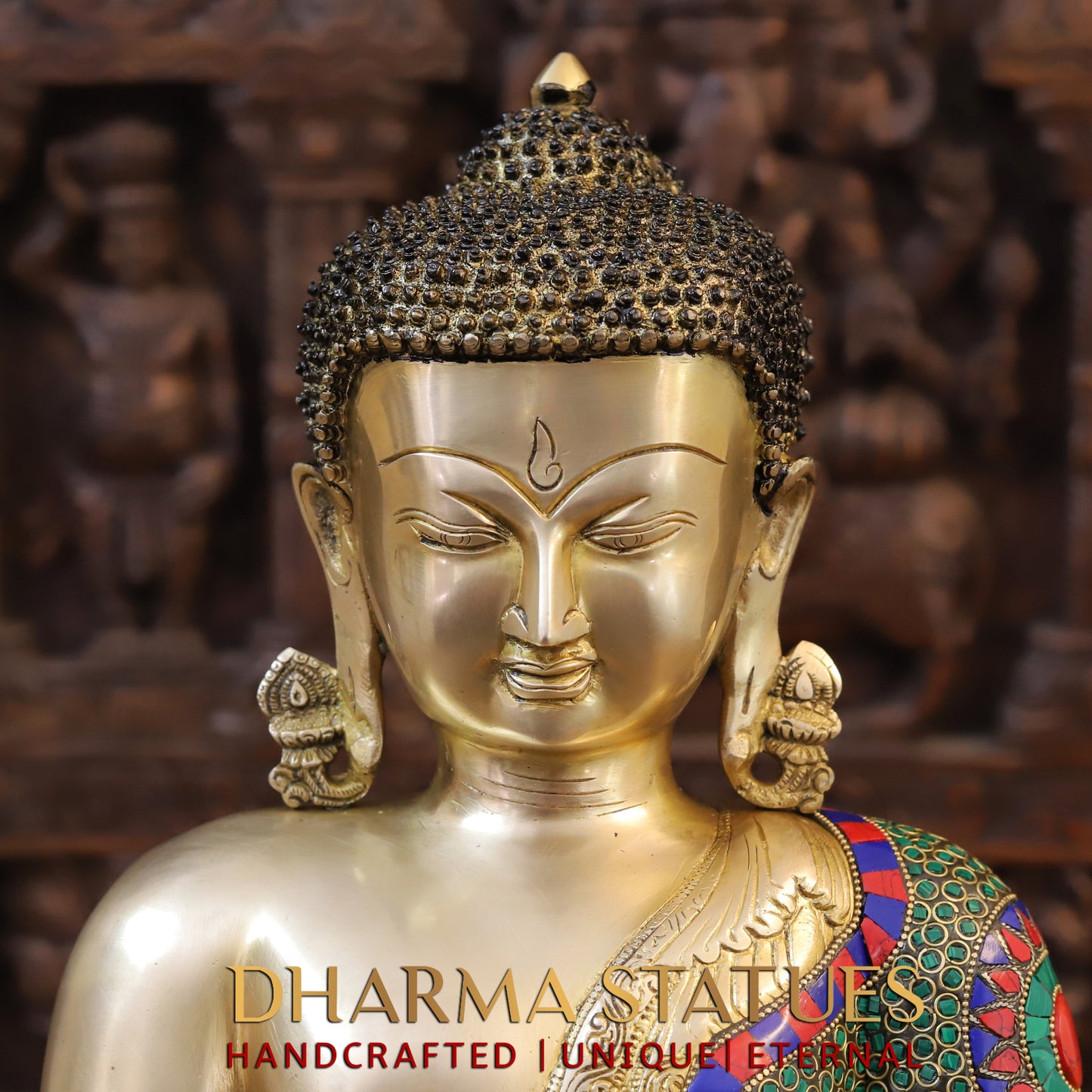 Brass Buddha Seated, Golden & Stonework, 17.5"