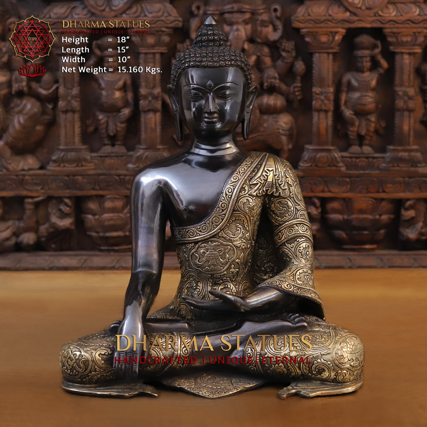 Brass Buddha seated, Black Patina & Fine Finish, 18"