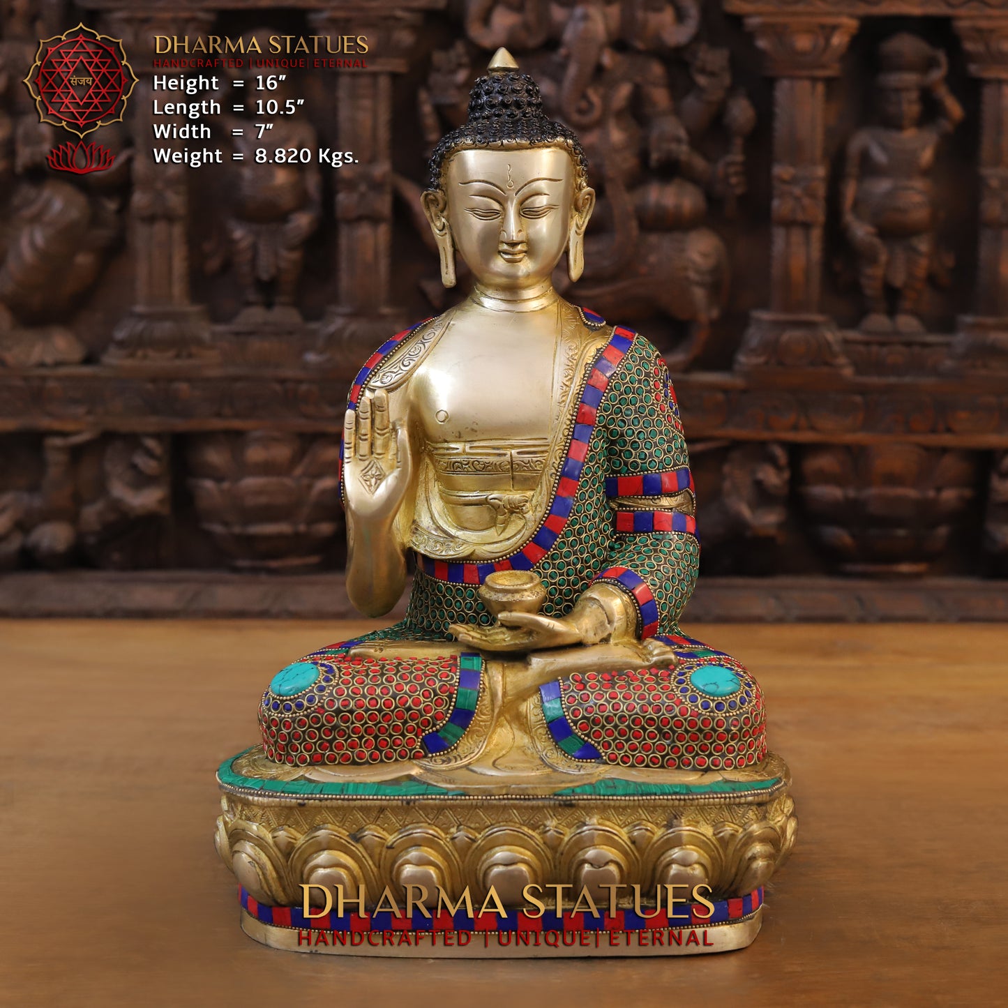 Brass Buddha seated in Vitarka Mudra, Golden Finish & Stonework, 16"