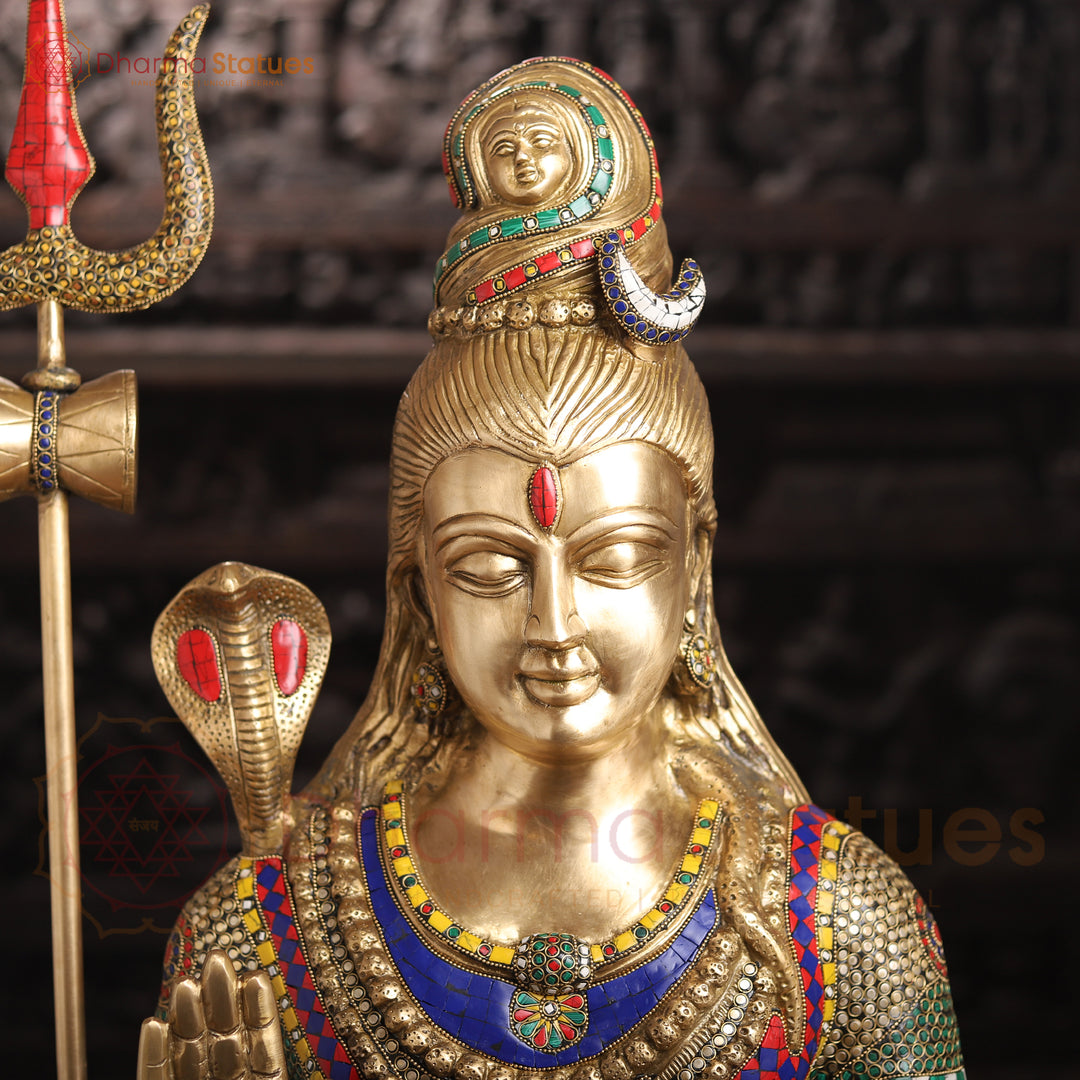 Brass Shiva Statue -Eternal Guardian of the Ganges, Masterpiece, Gold Finish with Stonework  36"