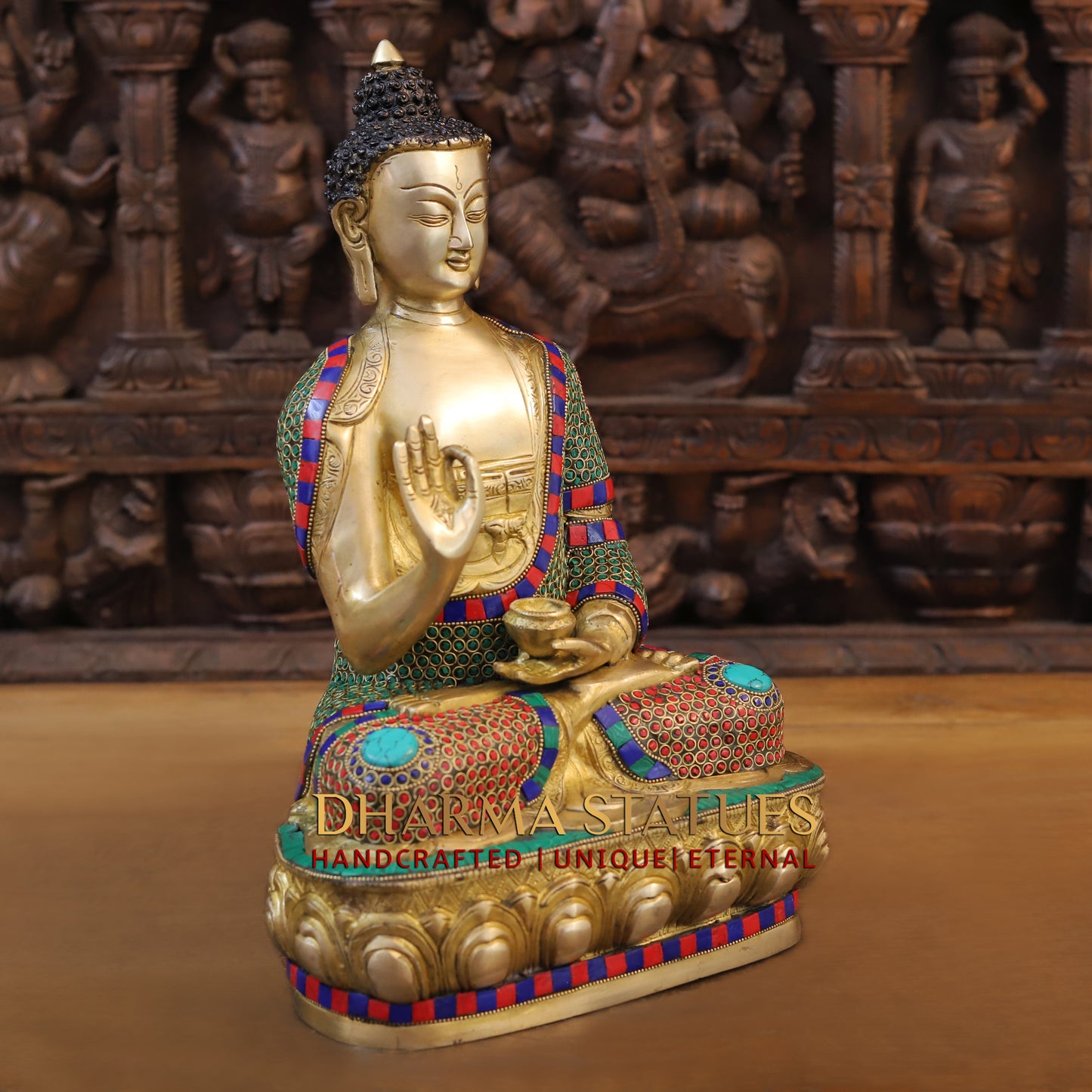 Brass Buddha seated in Vitarka Mudra, Golden Finish & Stonework, 16"
