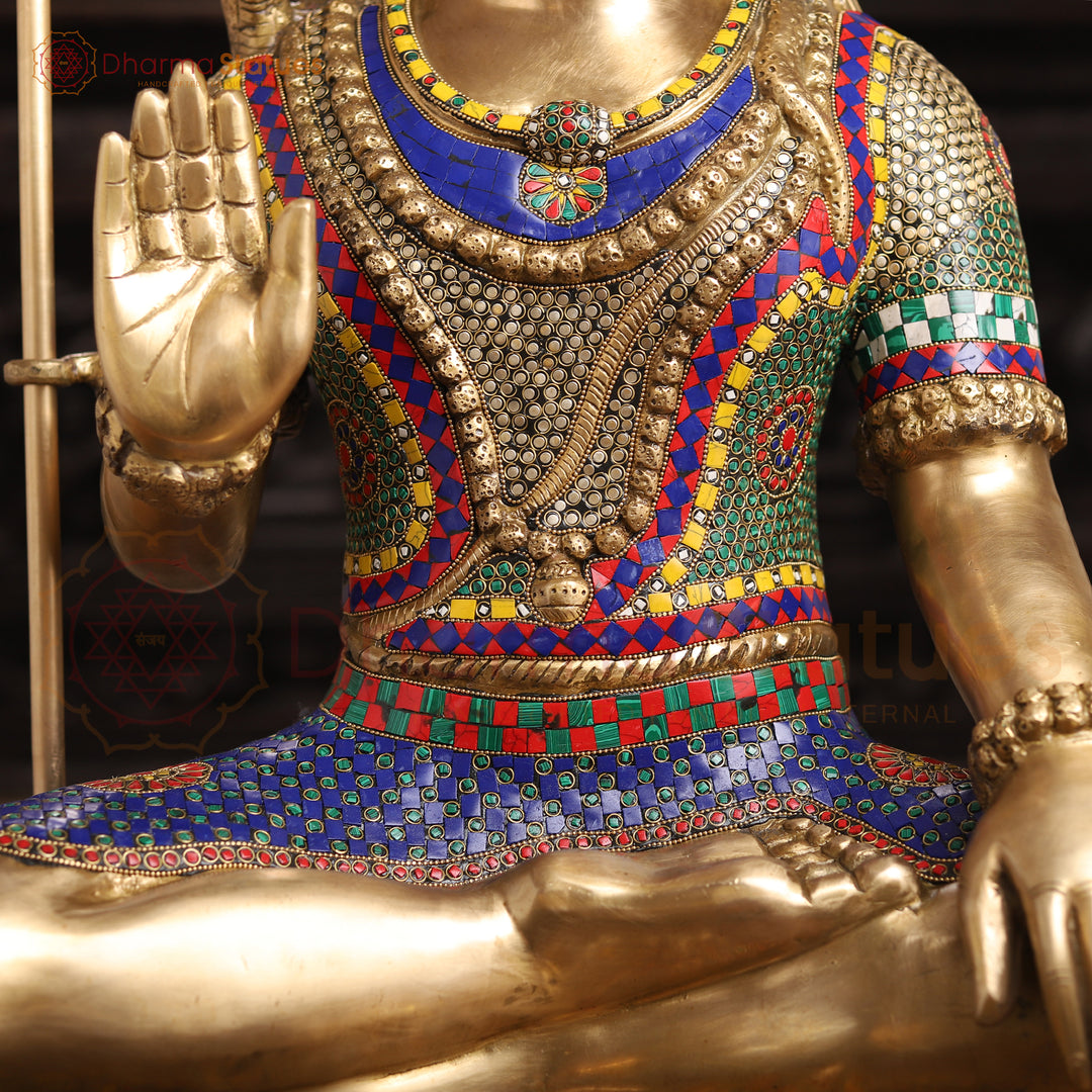 Brass Shiva Statue -Eternal Guardian of the Ganges, Masterpiece, Gold Finish with Stonework  36"