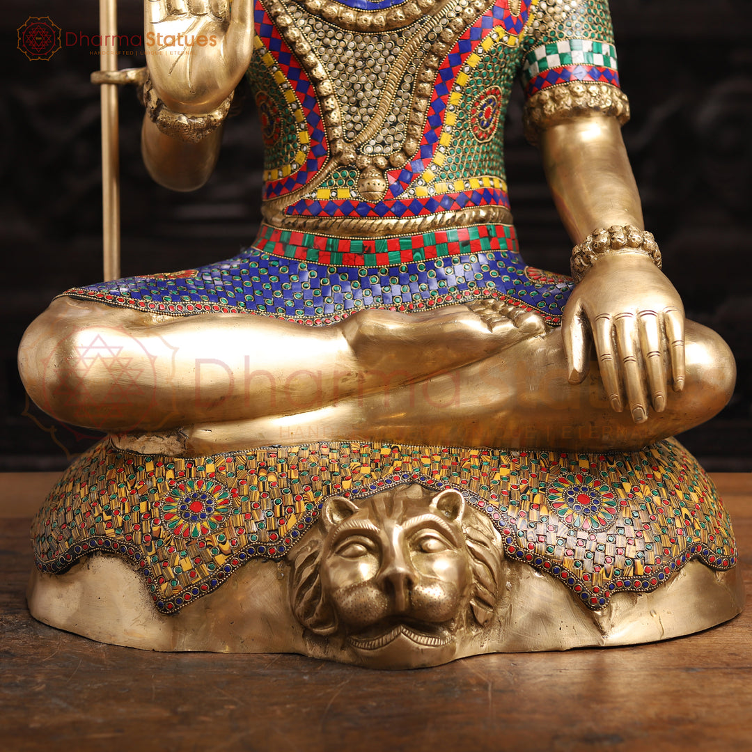 Brass Shiva Statue -Eternal Guardian of the Ganges, Masterpiece, Gold Finish with Stonework  36"