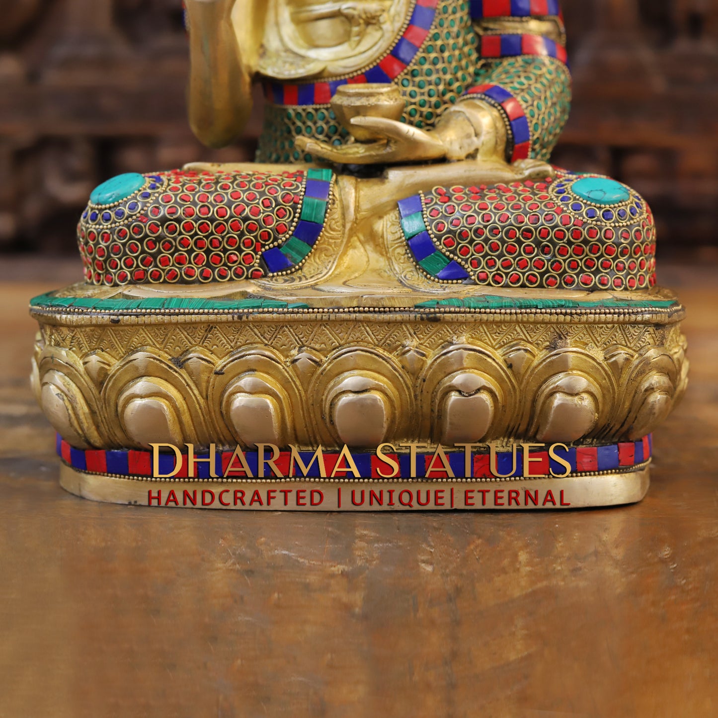 Brass Buddha seated in Vitarka Mudra, Golden Finish & Stonework, 16"