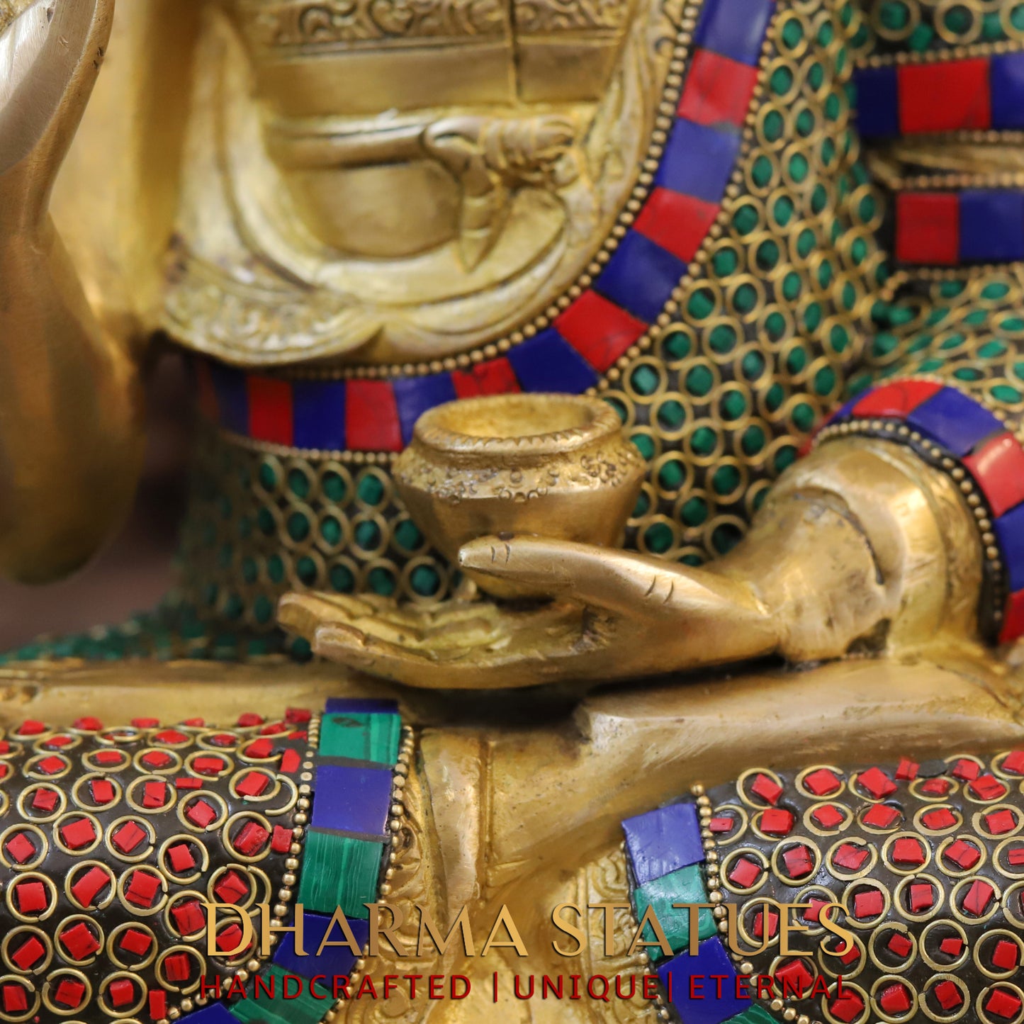 Brass Buddha seated in Vitarka Mudra, Golden Finish & Stonework, 16"